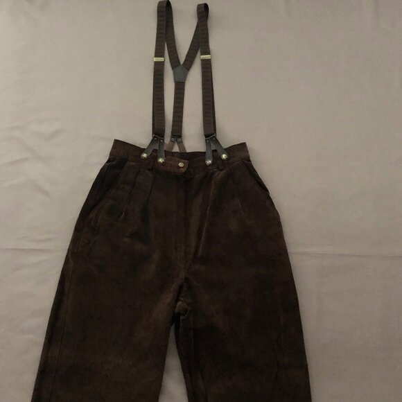 Dark Brown Two Toned Suede Buttoned Suspender Pants - Picture 1 of 12